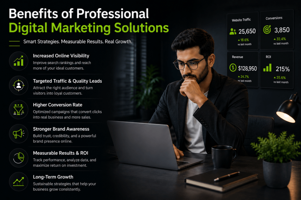 Marketing professional reviewing campaign performance and digital strategy to improve online visibility, lead generation, and business growth.