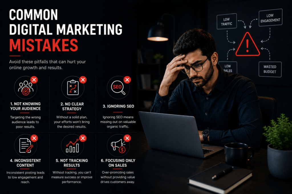 Marketing professional reviewing campaign performance while identifying common digital marketing mistakes that reduce website traffic, leads, and online growth.