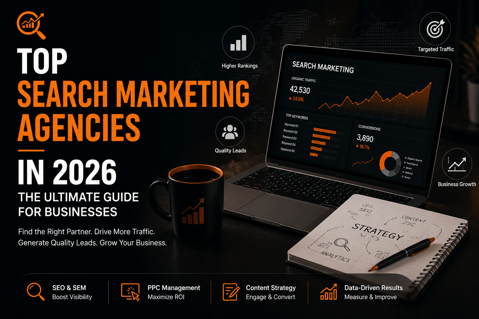 Professional search marketing agency workspace showing SEO analytics, search performance dashboard, and business growth strategy for 2026.