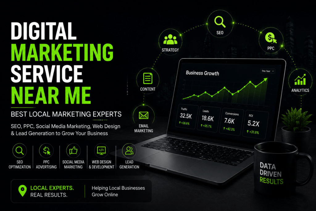 Digital marketing service near me featuring local marketing experts providing SEO, PPC, social media marketing, web design, and lead generation for business growth.