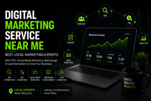 Digital marketing service near me featuring local marketing experts providing SEO, PPC, social media marketing, web design, and lead generation for business growth.