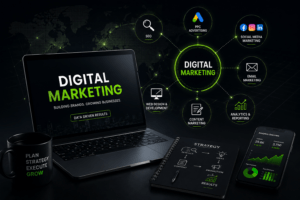 Professional digital marketing workspace featuring SEO, PPC advertising, content marketing, social media marketing, web design, analytics, and business growth strategy.