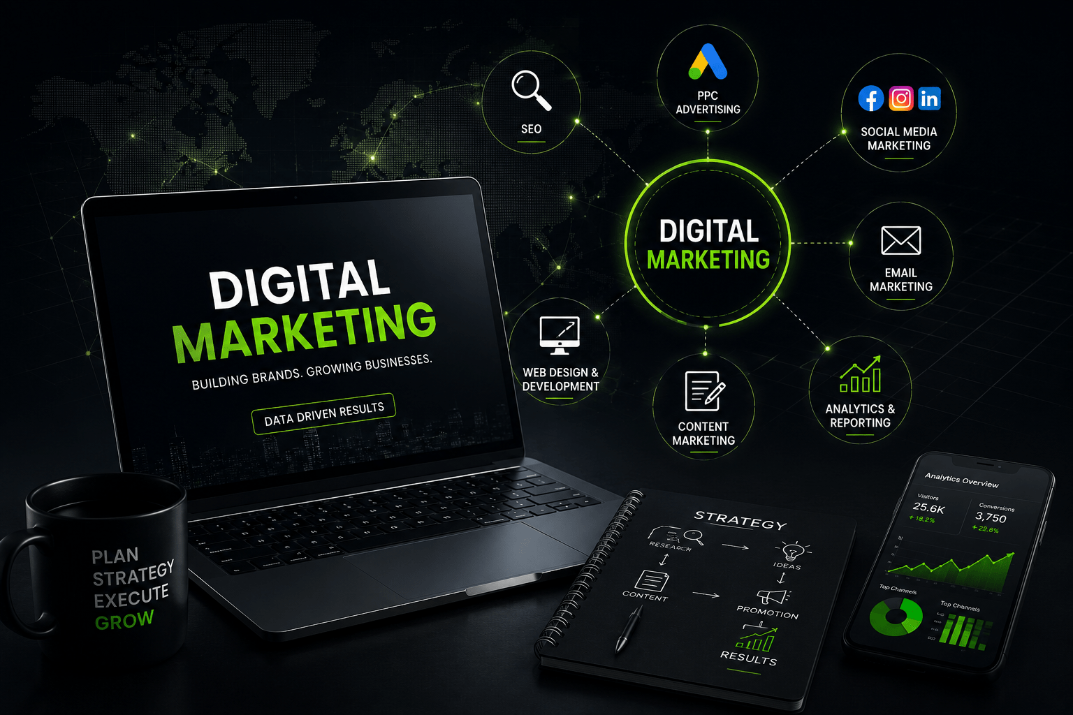 Professional digital marketing workspace featuring SEO, PPC advertising, content marketing, social media marketing, web design, analytics, and business growth strategy.