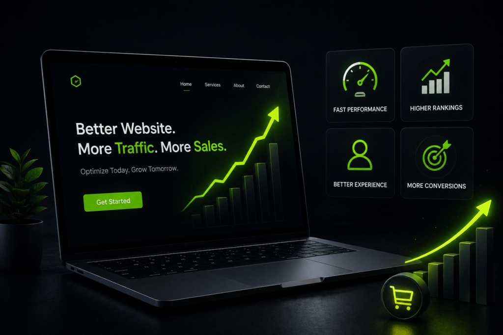 Website optimization services dashboard showing website speed, SEO performance, user experience improvements, higher rankings, and increased online conversions.