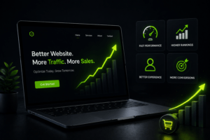 Website optimization services dashboard showing website speed, SEO performance, user experience improvements, higher rankings, and increased online conversions.