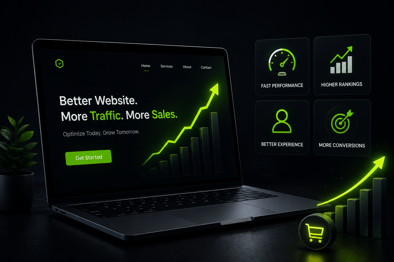Website optimization services dashboard showing website speed, SEO performance, user experience improvements, higher rankings, and increased online conversions.